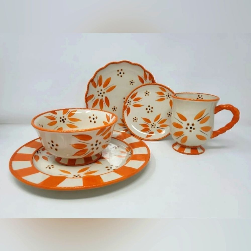 Temptations Plates Bowl Mug by Tara Old World Orange Ovenware Set Of Five!